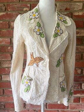 Joystick Johnny Was Embroidered Cream Eyelet Blazer Jacket
